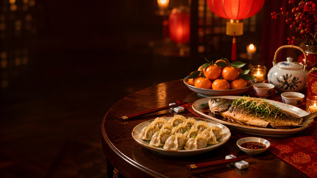 Lunar New Year reunion dinner table with dumplings and lanterns