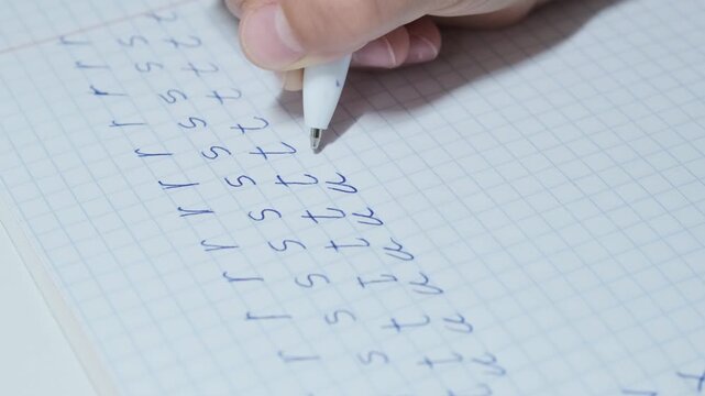 Close up view shows person holding ballpoint pen and printing lowercase letters across grid paper, demonstrating meticulous handwriting discipline and patient study habits on notebook page
