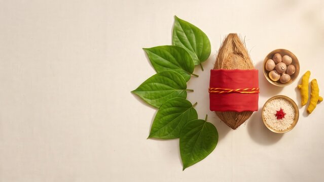 Hindu Wedding Shagun Items &ndash; Coconut, Betel Leaves and Supari Flat Lay.
