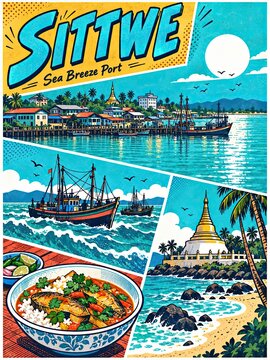 Illustrated Sittwe Sea Breeze Port scene featuring waterfront houses, fishing boats, a coastal pagoda, palm trees, and a traditional seafood dish.
