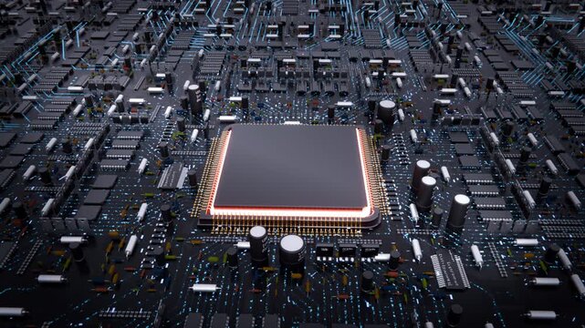 Futuristic AI Microchip CPU Central Processor Unit on Dark Circuit Board with Cold Blue Glowing Data Connections. 3D Render.