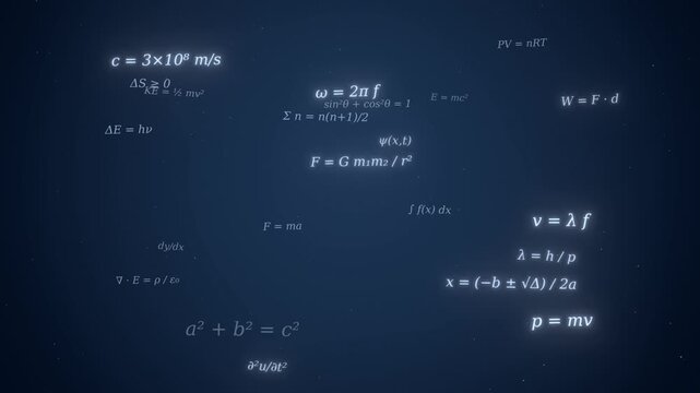 Physics and math formulas floating in deep space with soft chalk dust concept for science education lessons ,school lecture animation