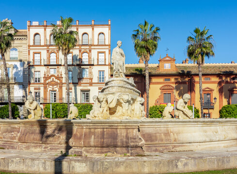 Hispalis fountain on Puerta de Jerez square, Seville, Spain