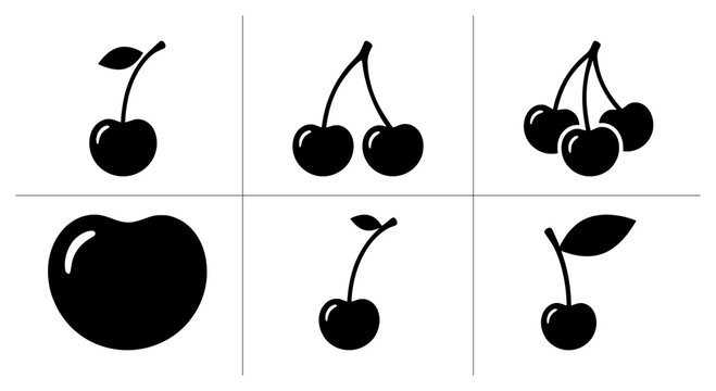 Cherry silhouettes set with single fruit, pairs and group for healthy food and drink logos