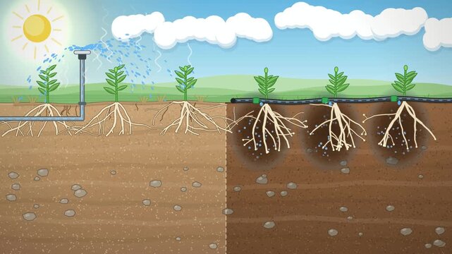 Drip irrigation vs sprinkler cross section, water soaking into soil and plant roots growing deeper, 4K animation
