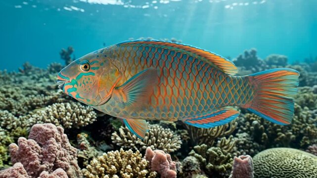 parrotfish close up underwater at morning light in great barrier reef australia video
