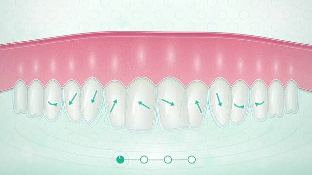 Clear aligner straightening crooked teeth in four steps on an upper dental arch, orthodontic treatment 4K animation
