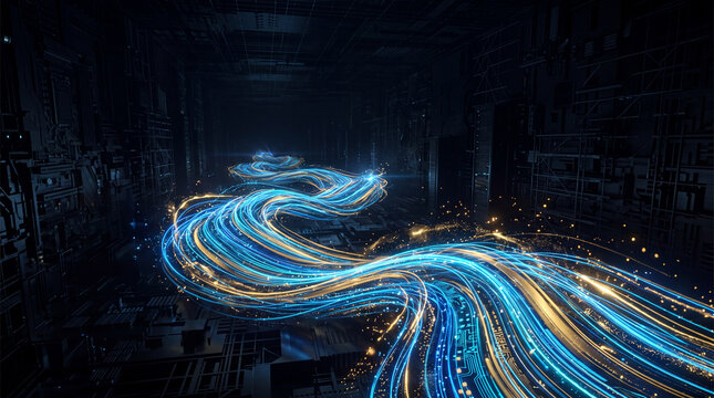 Blue and gold data streams flowing through a dark server room. Artificial intelligence and Black Friday technology concept. Data processing, cloud computing and digital commerce.