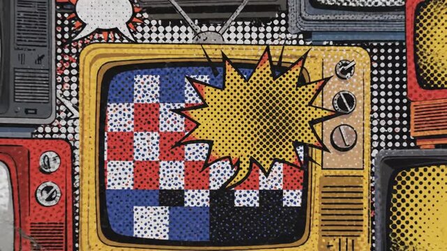 Vintage television screens in pop art comic style featuring speech bubbles and halftone patterns for retro media technology and design concept