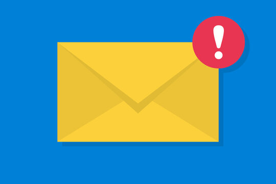 Important unread email notification vector concept featuring yellow envelope with red exclamation mark alert badge for urgent message and communication