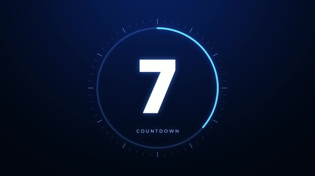 Glitch Countdown From 10 to 1 Inside Blue Circular HUD Timer Ring on Dark Background, Digital Numbers Intro With RGB Distortion