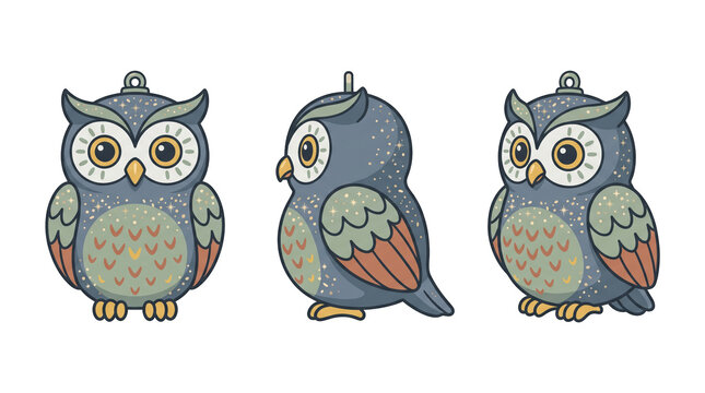 Cute owl Christmas tree ornament. Charming winter owl figurine Christmas tree ornament vector illustration isolated on transparent background for woodland wildlife holiday and New Year tree decor