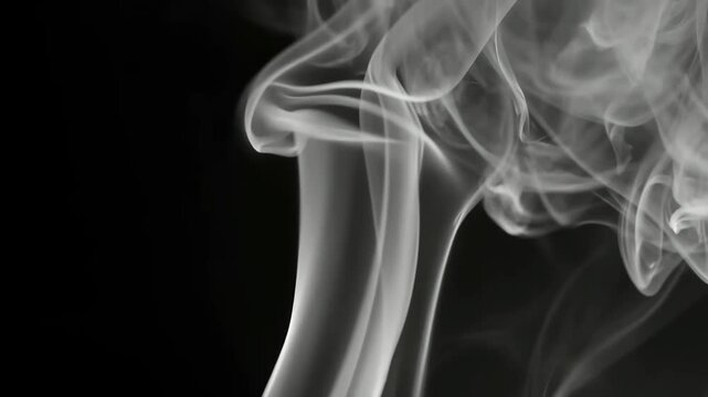 Monochrome wisps of smoke curl and billow against a deep black background in an abstract scene