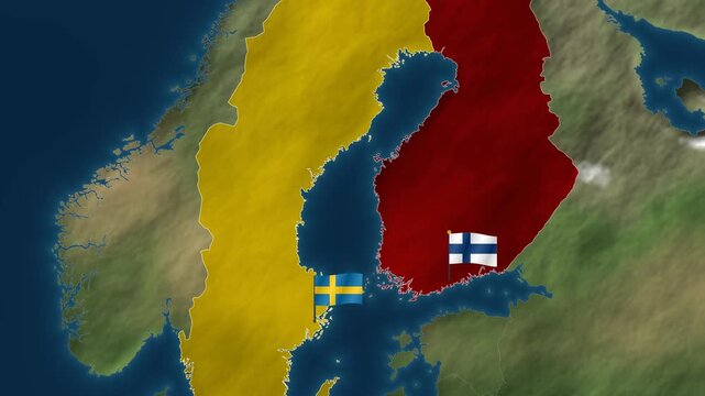 Sweden and Finland map highlighted with flag pins on Stockholm and Helsinki, Scandinavia terrain map with country labels animation