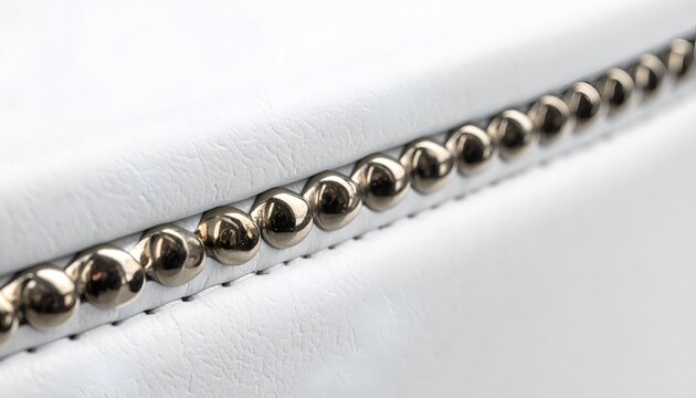 Macro photography of white leather upholstery with polished chrome metal studs and selective focus