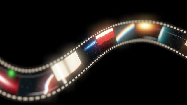 Wavy 3D film strip flowing with colorful frames in a seamless loop on black