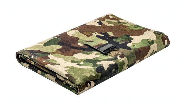 Tactical camouflage folding seat mat with buckle isolated on white background studio photography