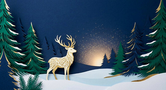 Magical paper art winter landscape with a golden deer and Christmas trees