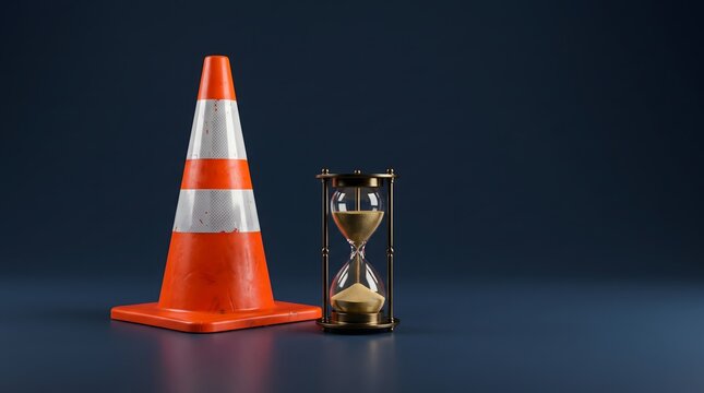 Orange Traffic Cone Paired With An Hourglass Representing Time Delays and Construction