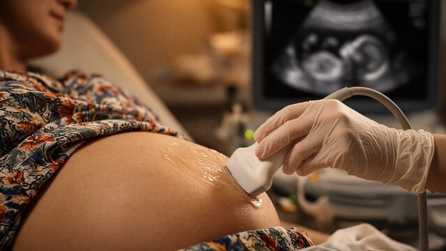 Ultraschalluntersuchung einer Schwangeren: Arzthand mit Handschuh f&uuml;hrt den Schallkopf &uuml;ber den Babybauch, Monitor mit F&ouml;tus im Hintergrund