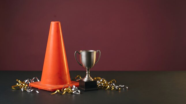 Traffic Cone and Silver Trophy Cup Surrounded by Festive Party Ribbons on Dark Table