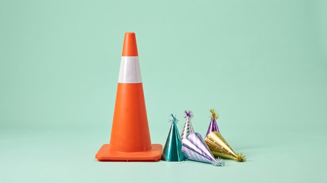 Orange Traffic Cone Standing Next to Small Decorative Party Hats on Pastel Background