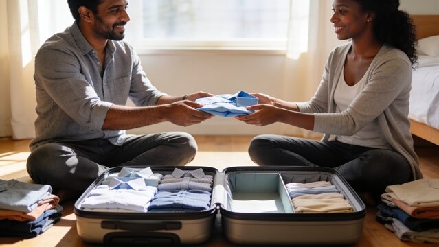 Packing couple sitting cross-legged on bedroom floor, organizing open suitcase with folded shirts