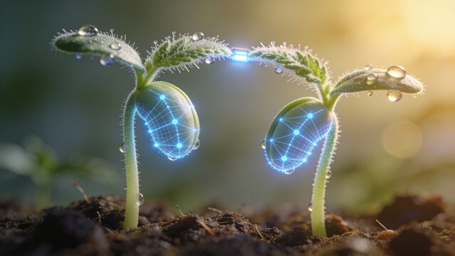 Showing pair of sprouting seedlings developing in garden seedbed, with dew, soil
