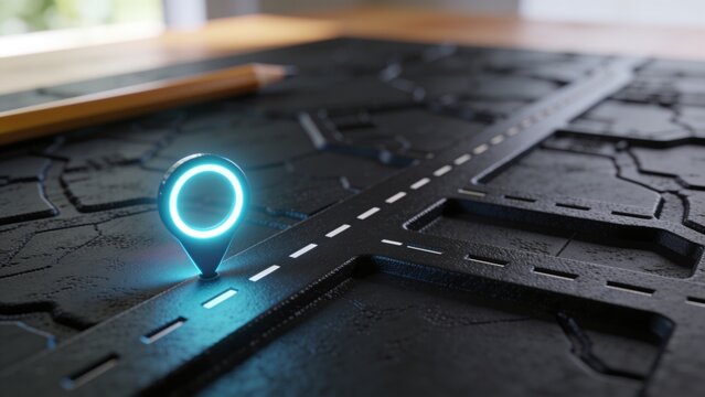 Showing glowing cyan map pin marking dashed lane on raised road, blurred wooden pencil, copy space