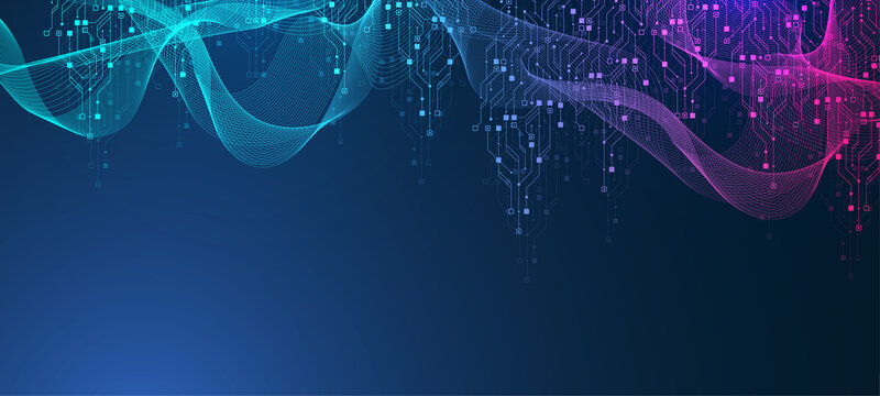 Abstract blue technology background with glowing circuit line pattern. Futuristic motherboard texture elements and digital data flow. Modern tech innovation concept.
