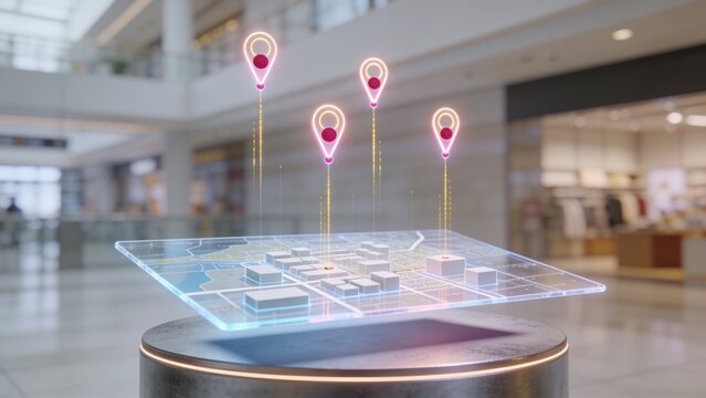 Hovering holographic 3D map projection over circular pedestal in mall concourse