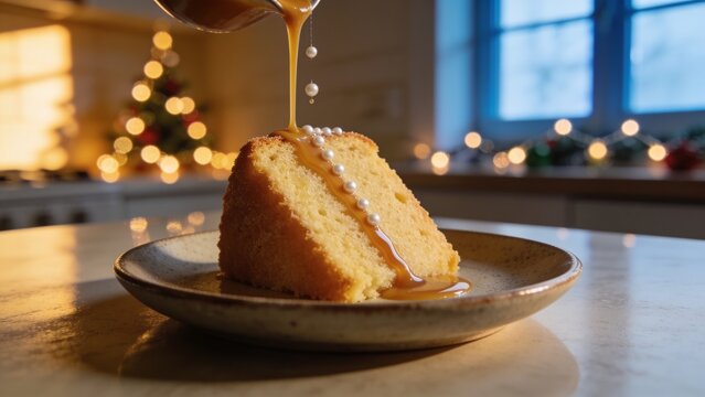 Pouring caramel, slice of sponge cake sitting on kitchen counter with speckled plate, silver pearls