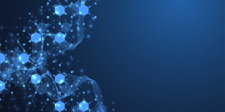 Molecular abstract structure and genetic engineering DNA. Healthcare and medicine background concept. Scientific research background. Wave flow. Innovation pattern, illustration.