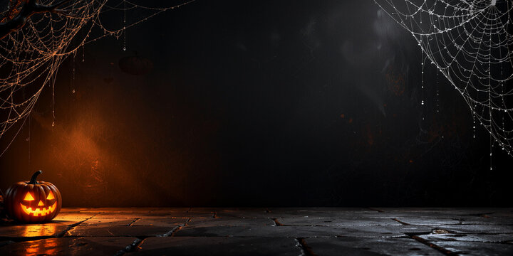 Spooky Halloween Stone Floor Background with Cobwebs and Glowing Pumpkin