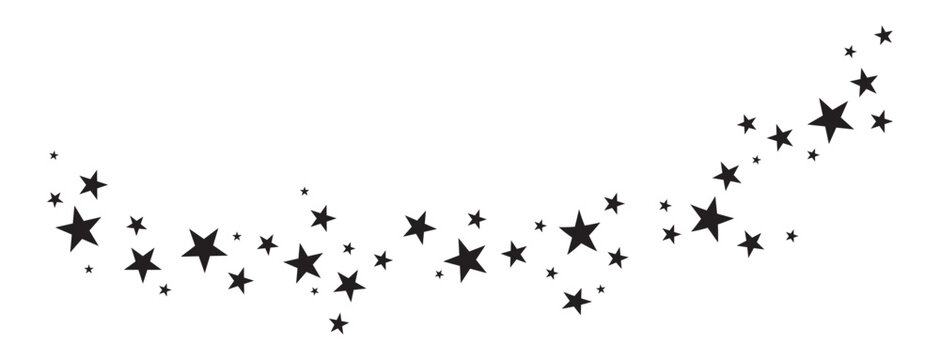 Star trail, magic background. Shooting black silhouette. Christmas golden falling, twinkle glow pattern. Modern curve line stars isolated on white bg. Minimalistic retro vector illustration