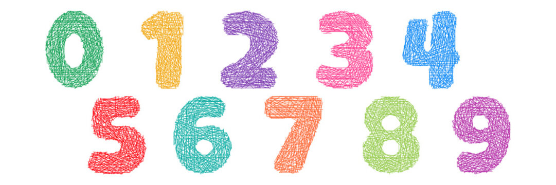 Number scribble font, kid type crayon doodle hand drawn. Letter line pencil texture, sketch numbers scratch. Color education icon set isolated on background. Cartoon collage style. Vector illustration