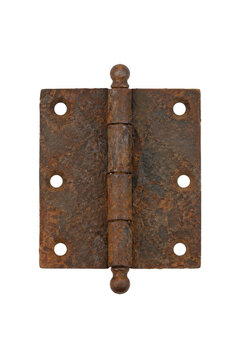 Old rusty metal hinge with decorative finials and visible screw holes, isolated on a clean white background