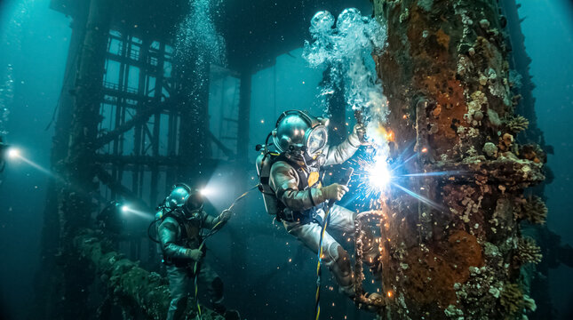 Commercial divers in heavy suits welding underwater metal structure
