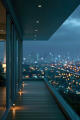 Fototapeta premium Contemporary apartment balcony at dusk with glass railing and city lights for banner background and evening wallpaper design
