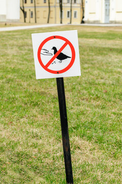Urban background with a square prohibition sign Do not feed birds mounted on a black pole on a green lawn in a city park