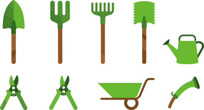 Garden Tools Grid Shovel Fork Rake Trowel Watering Can Pruning Shears Wheelbarrow Hose Flat Vector Isolated White Background