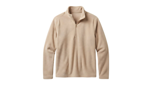 Beige fleece quarter-zip pullover sweater, soft tan long sleeve fleece jacket with zipper, warm winter apparel mockup for outdoor fashion retail
