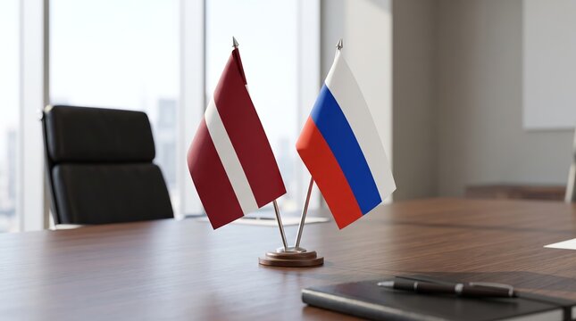 Latvian and Russian desk flags displayed together on an office conference table. International diplomacy and bilateral relations. Government meeting and foreign affairs. Global cooperation