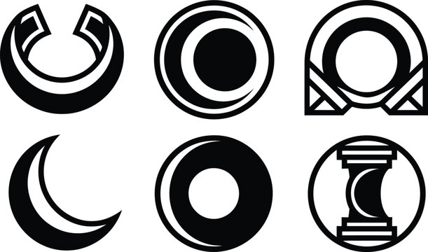 Theoretical black geometric moon icons assortment featuring contemporary crescent eclipse logos and linear celestial structure elements.