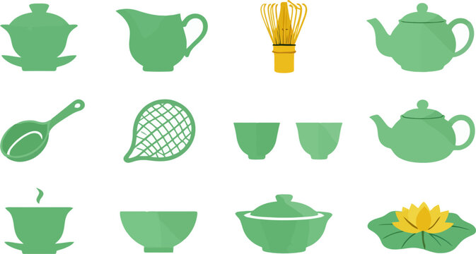 Teapot Icon Set Flat Vector Isolated On White Tea Theme Kitchen Accessories Isolated White Background