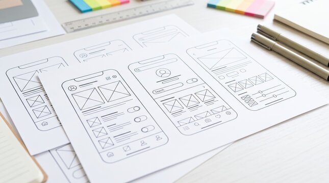 Mobile app wireframe sketches on paper with design tools on a desktop. User interface and user experience design process. App development, prototyping and digital product planning.