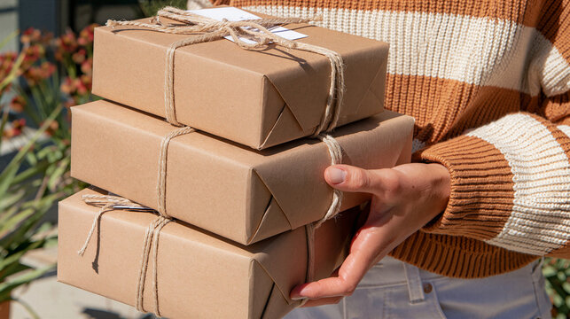 Close up of hands holding stacked parcels tied with twine