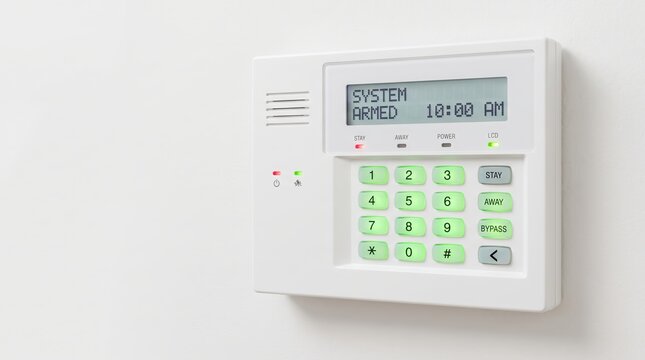 Wall mounted security alarm keypad with system armed status display. Home security and burglary prevention. Intrusion detection and access control. Residential safety technology with copy