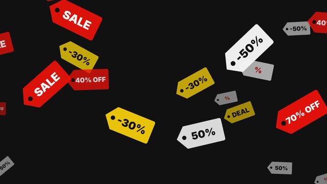 Black Friday sale price tags falling and swinging with 30%, 50% and 70% off discount labels in red, white and yellow on dark background. Seamless 4K loop for retail ads.
