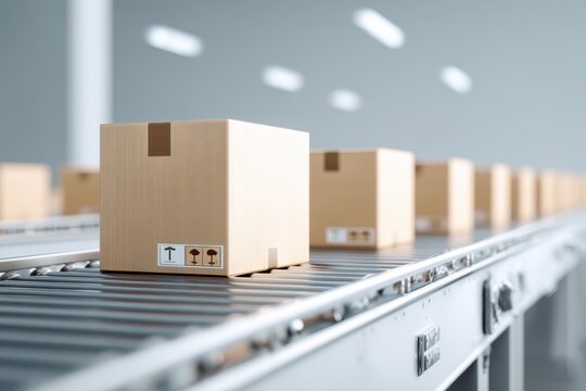 Cardboard parcel boxes moving on automated metal conveyor belt line at modern logistics warehouse facility. Close up view of package delivery, cargo distribution sort system, manufacturing plant